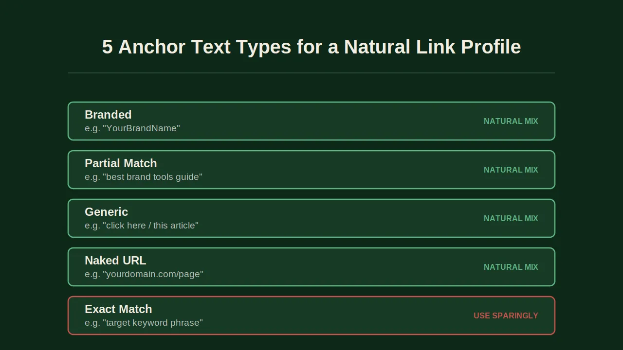 Five anchor text types for natural link building including branded and exact match anchors.