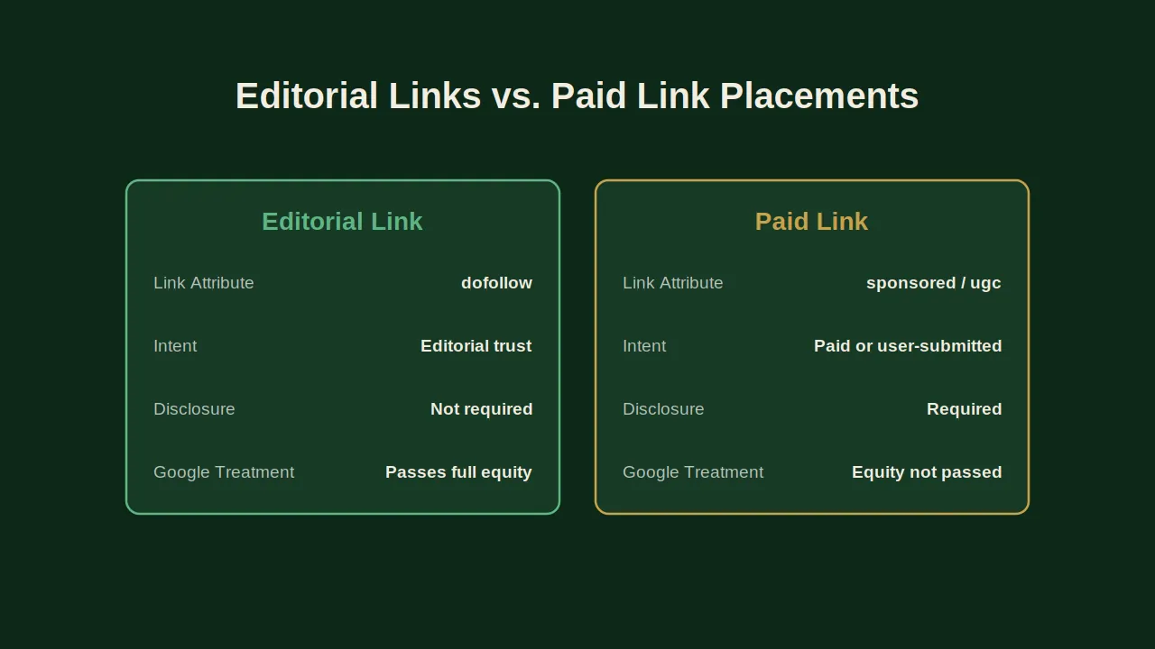 Editorial link vs paid link comparison covering dofollow, sponsored, and ugc attributes.