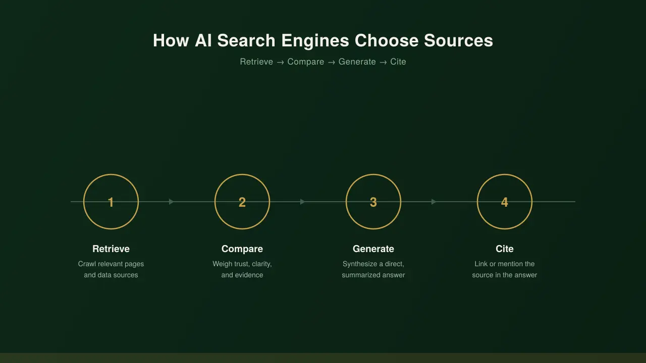 Diagram showing how AI search engines retrieve, compare, generate, and cite sources for answers.