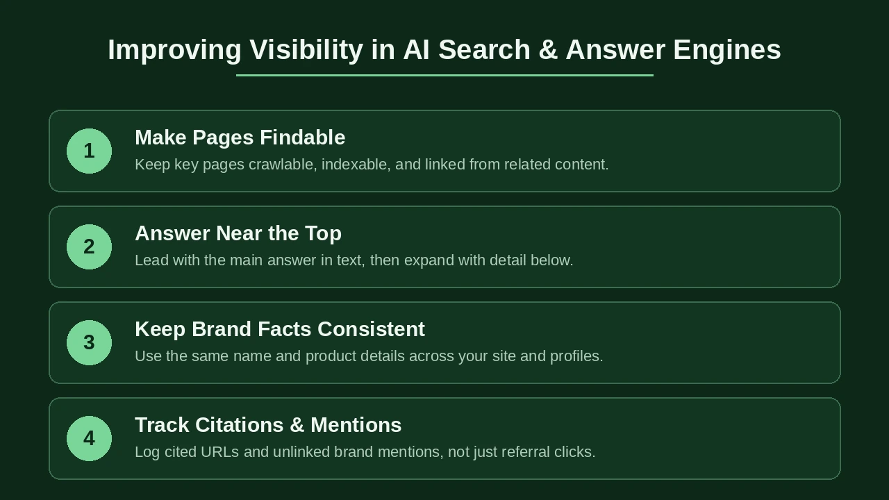 Four steps to improve AI search visibility: crawlability, direct answers, brand facts, and citations.