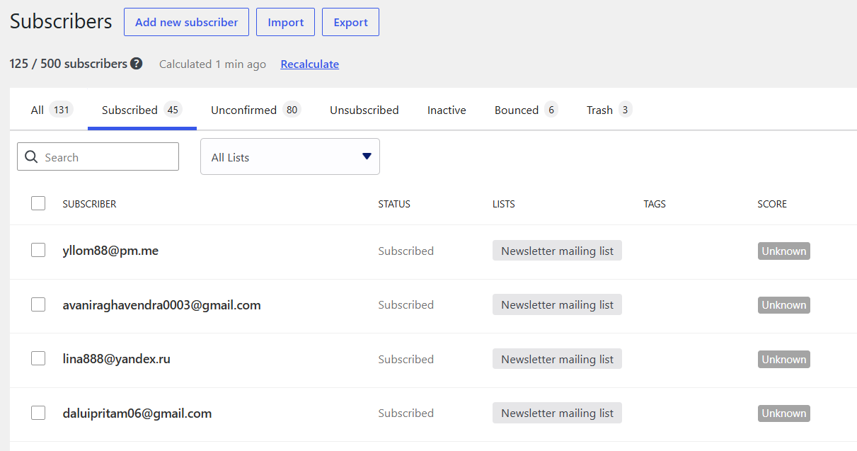 Subscriber list growth showing 130+ active leads captured