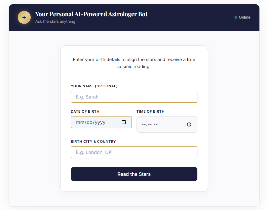 AstrologerBotAI application dashboard interface and tool design