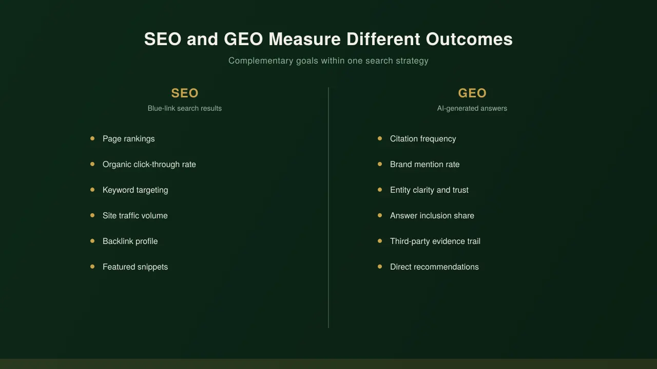 Comparison of SEO ranking metrics versus GEO citation and brand mention metrics for AI search